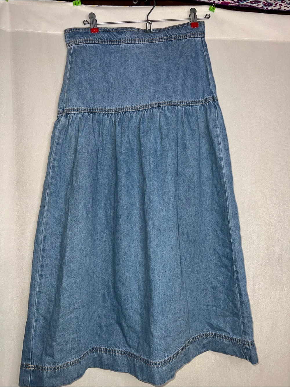 Size 0 Light Blue Denim Maxi Skirt with Gathered A-Line Silhouette